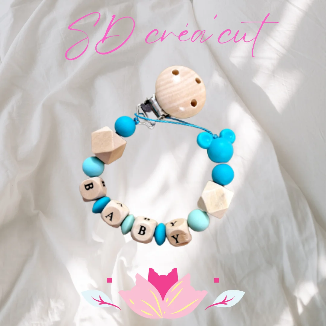 Attache-tétine en silicone et bois Mickey Turquoise