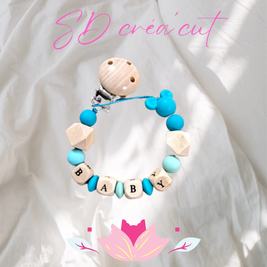 Attache-tétine en silicone et bois Mickey Turquoise