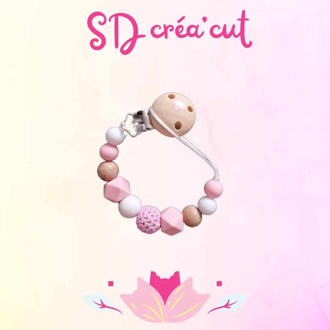 Attache-tétine en silicone et bois Rose