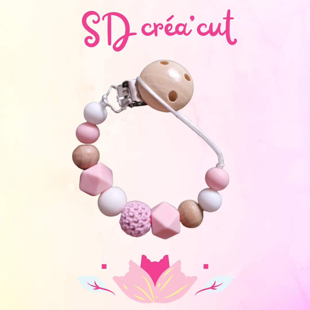 Attache-tétine en silicone et bois Rose