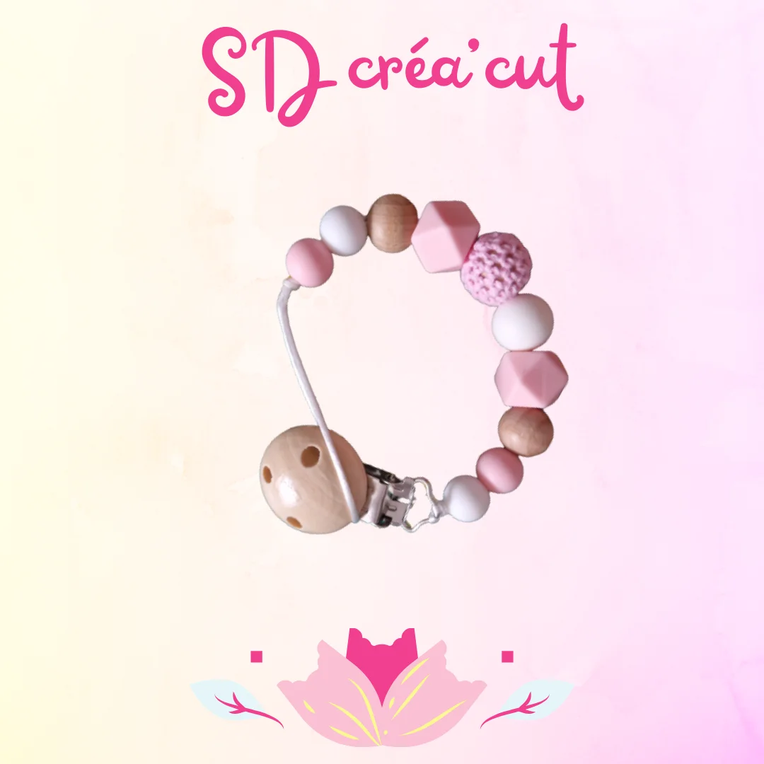 Attache-tétine en silicone et bois Rose