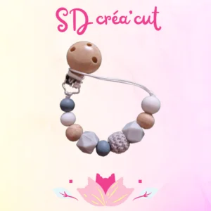 Attache-tétine en silicone et bois Grise