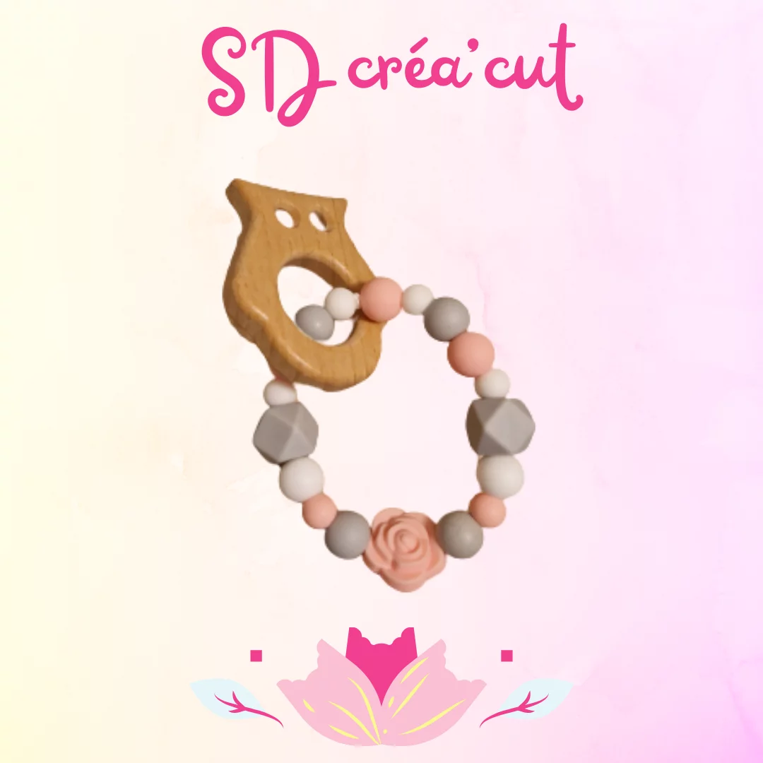 Anneau de Dentition Chouette Rose et Gris